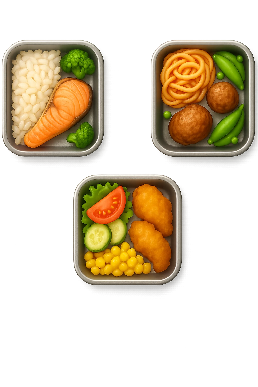 EMOJI STILE IPHONE DI UN 3 schiscette con poco cibo dentro, fluttuano in aria REALISTICA 4K emoji