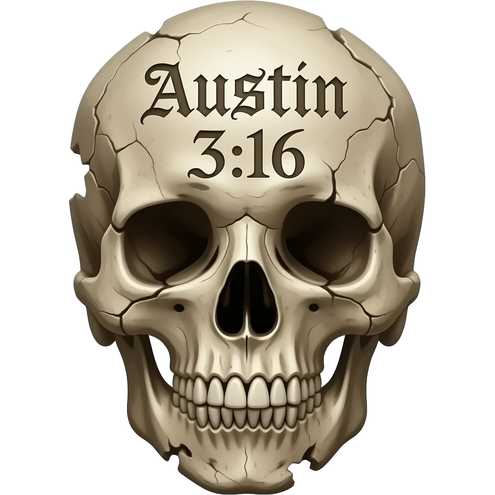 A human skull that has aged with the words Austin 3:16 carved in to its forehead in a Gothic font, show cracks, weathering, pieces missing emoji