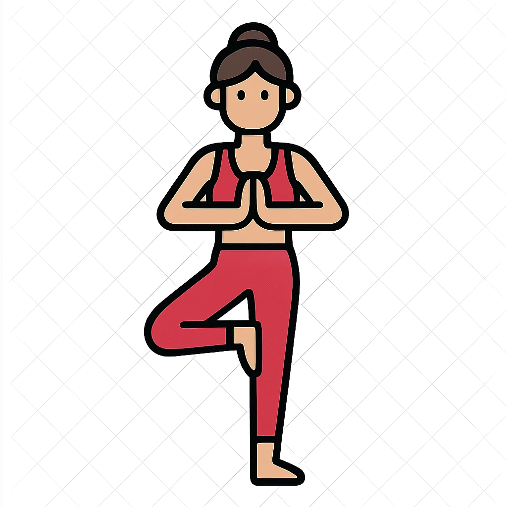 A woman standing in a tree pose (Vrksasana), wearing a sport bra and leggings in color C52975 emoji
