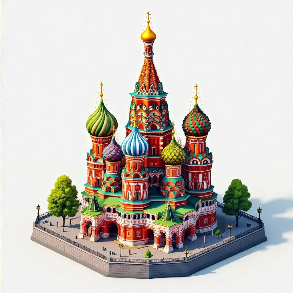 Isometric illustration of Moscow, featuring photorealistic Saint Basil's Cathedral with colorful onion domes, highly detailed in semi-realistic style, balanced between stylized and realistic, 3D miniature effect with a slight hand-painted touch - transparent background emoji