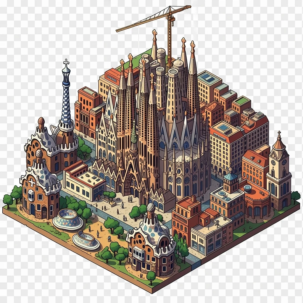 Isometric illustration of Barcelona, featuring Sagrada Familia with intricate spires, highly detailed in semi-realistic style with sharp outlines, balanced between stylized and realistic, 3D miniature effect, transparent background. emoji