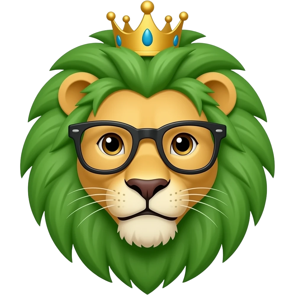 lion with green hair and crown, face front and spectacles emoji