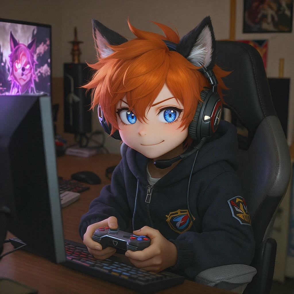 Red hair blue eye boy gaming with wolf ears emoji