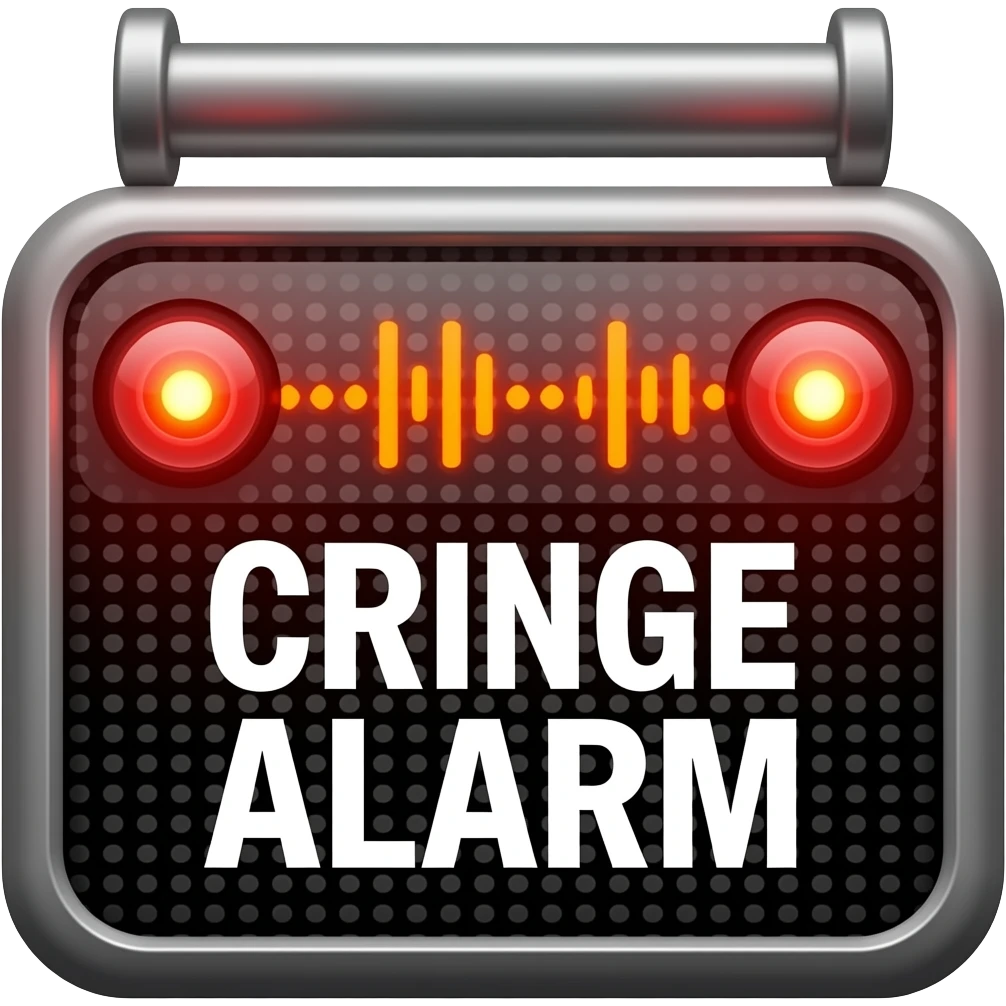 A blaring alarm with visual sound effects, a label below it with text "Cringe Alarm", filled background emoji