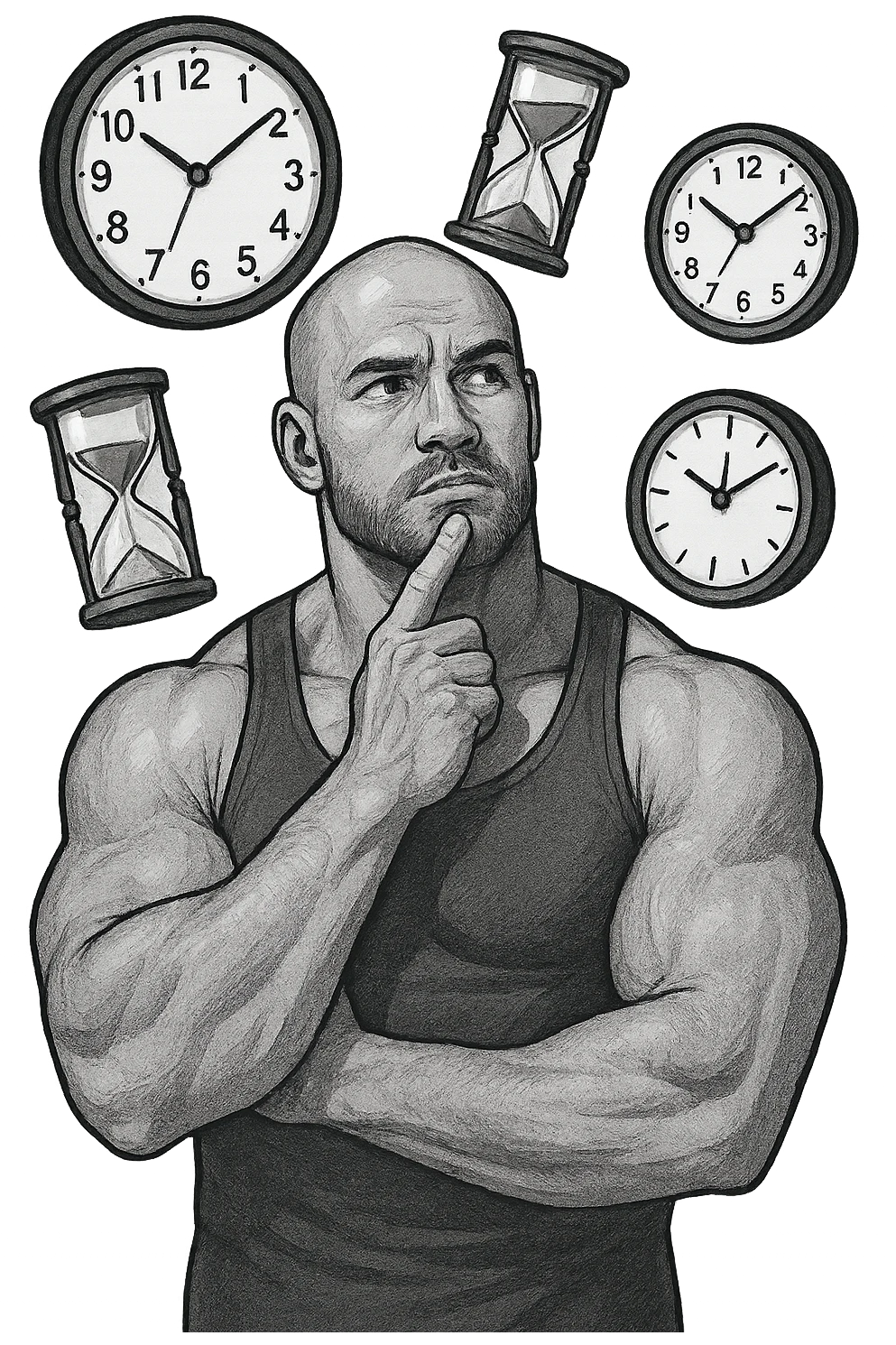bodybuilder pensieroso che si tiene l'indice sul mento, alle sue spalle fluttuano clessidre e orologi da muro emoji