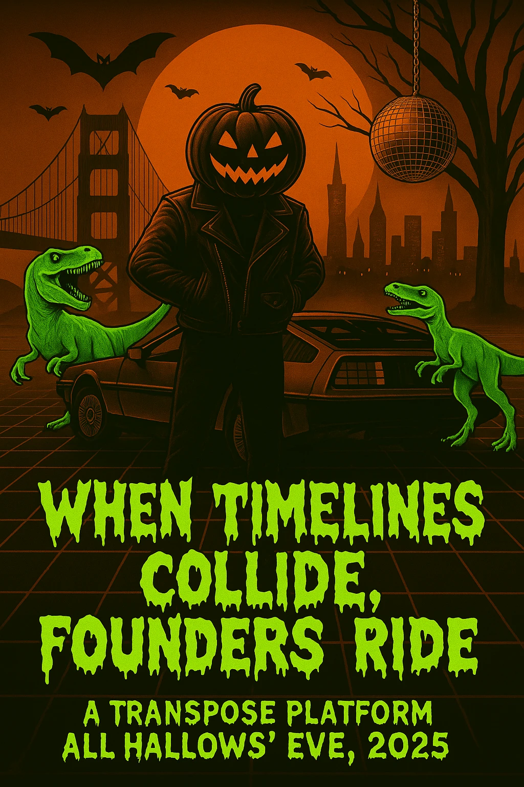 make the dinosaurs a neon green, create a font where the letters look like melting spooky emoji