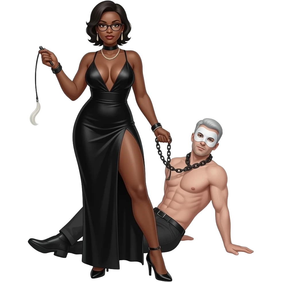 africaine dominatrice tres mince et tres  noire visage 50 ans fin lunettes debout robe decolletee profond fluide fendue  une jambe nue passant dans la fente fouet souple dans la main chaine dans la main droite droite talons aiguilles debout  homme blanc nu masque prosterné chaine au cou emoji