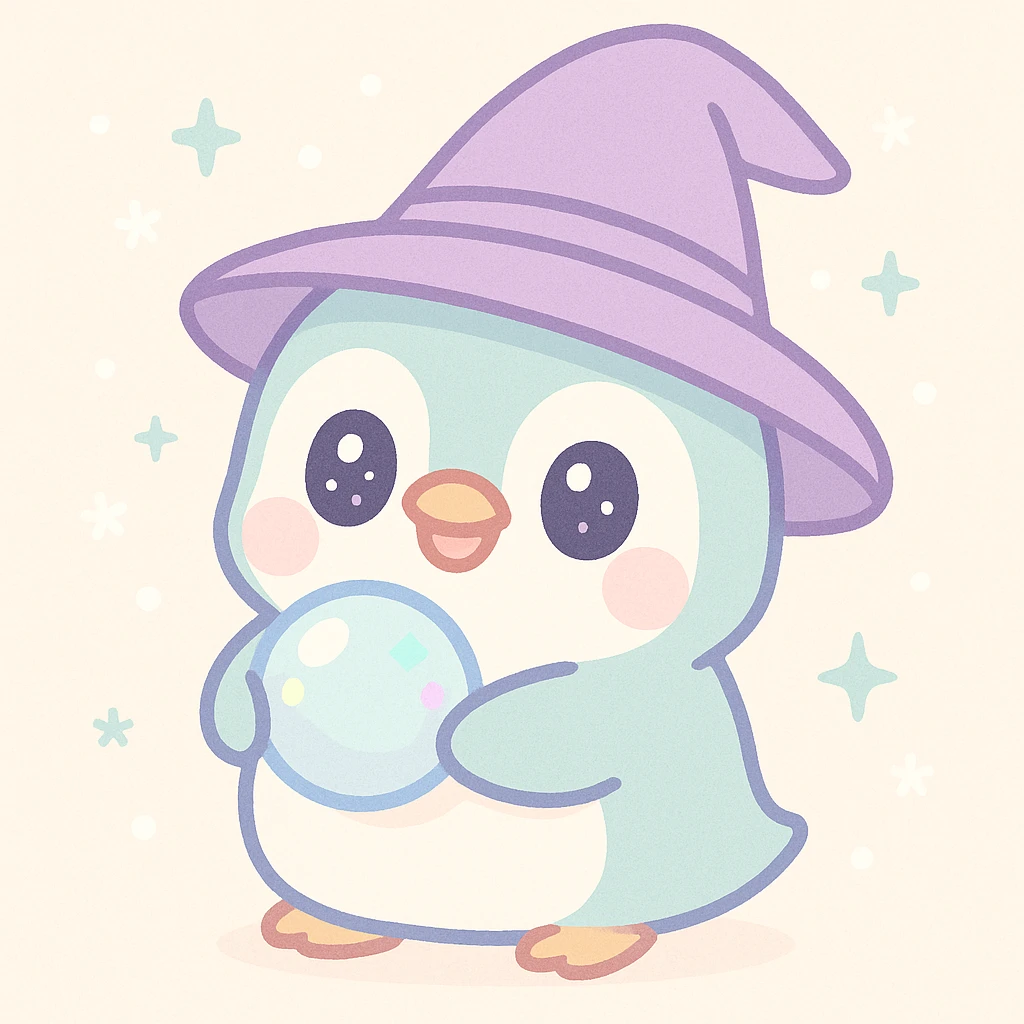 penguin wizard, with a crystal orb, snowy background, enchanting, cute, whimsical style emoji