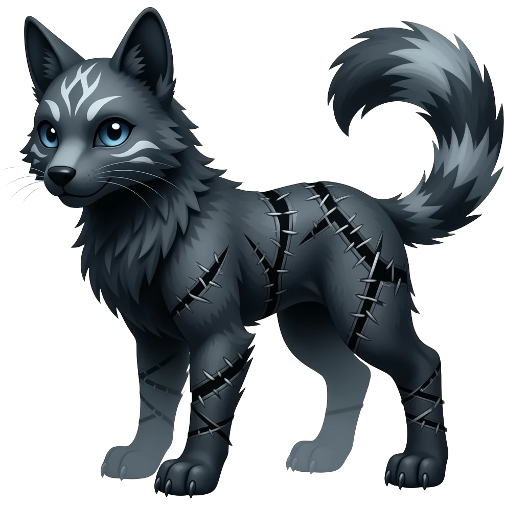 spectral spooky dark ghostly ghoulish dusky gloomy bleak blackish swampy white-skeletal gloomy ghostly dark greyish dark-deep-greenish foggy eldritch beautiful realistic edgy fantasy ghoul-like stitched vernid-sergal-fursona animal creature with a tufted tail full body with intricate markings emoji