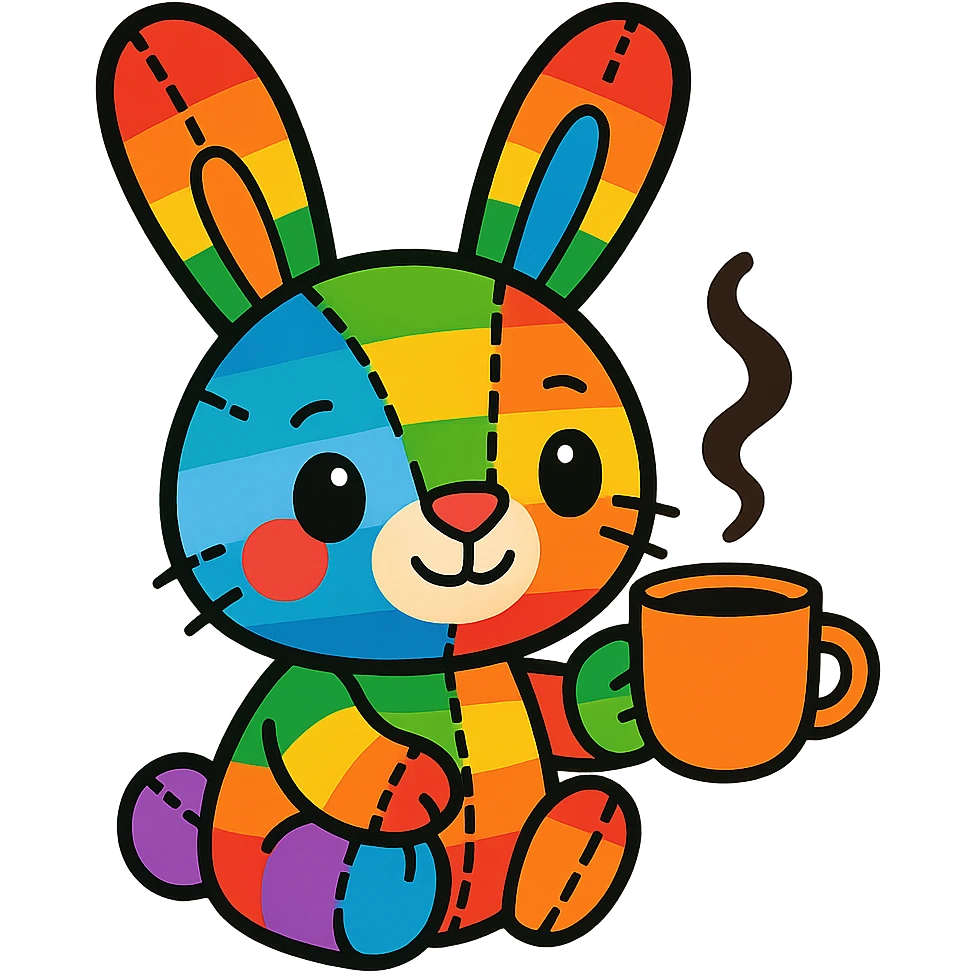 cute rainbow-colored female cartoon bunny with stitched details drinking coffee emoji