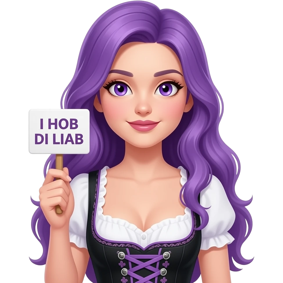 sexy girl with long purple hair and purple eyes wearing a dirndl holding a I HOB DI LIAB sign emoji