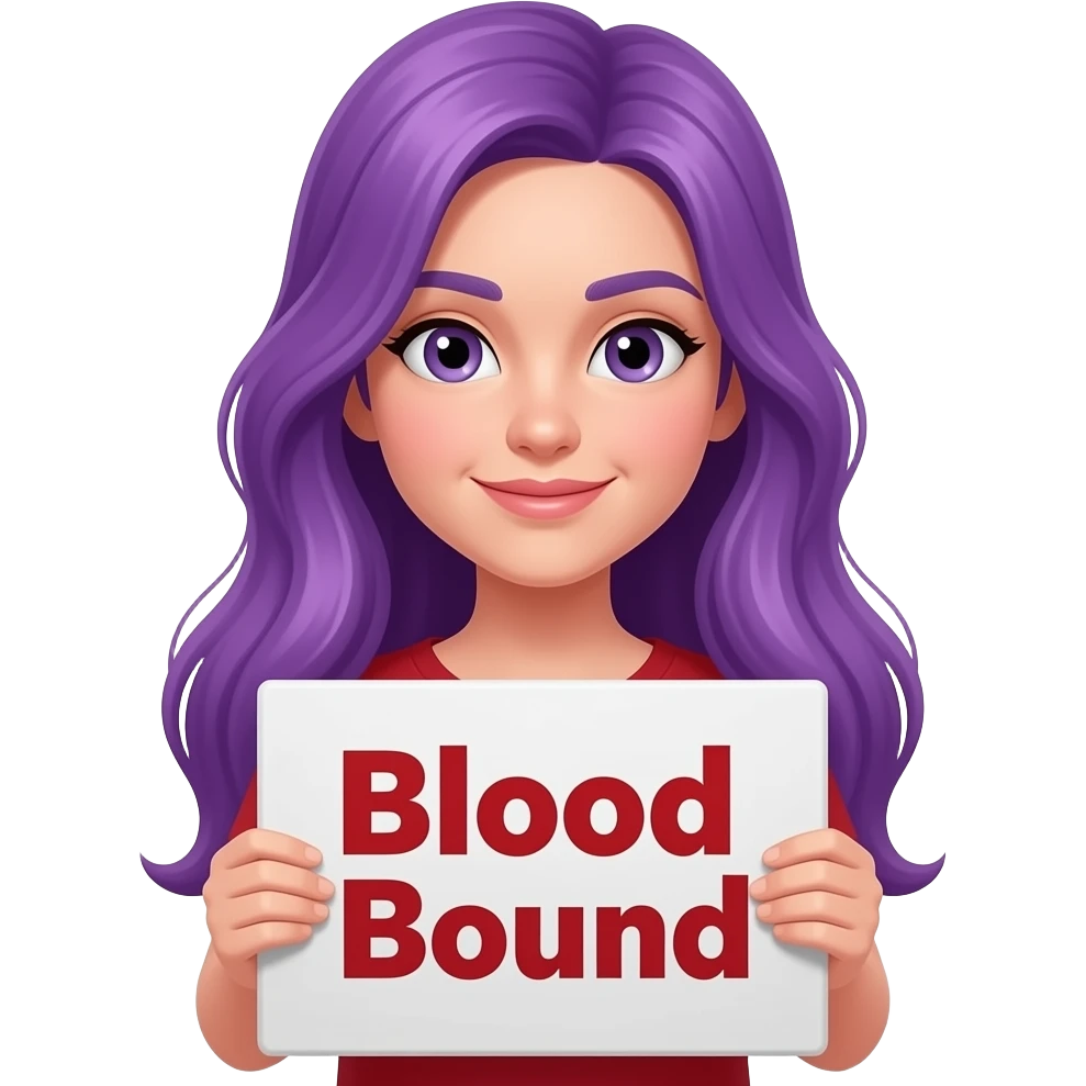 girl with long purple hair with a BLOOD BOUND sign emoji