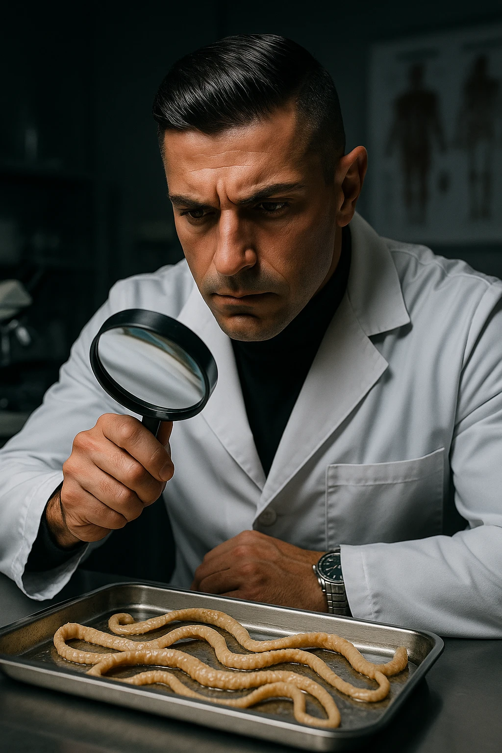 A middle-aged male kinesiologist wearing a pristine white lab coat, intensely analyzing long, beige tapeworms (like Taenia) under a magnifying glass. His expression is focused and slightly concerned, with dramatic studio lighting casting sharp shadows. The parasites are highly detailed, moist, and textured, stretched across a sterile metal tray. The background is blurred but suggests a clinical environment—hints of a microscope, medical charts, and clean lab equipment. The style is hyper-realistic, with a cinematic contrast between the bright white coat and the grotesque, organic forms of the parasites. No sci-fi elements, just raw medical realism with a disturbing edge emoji
