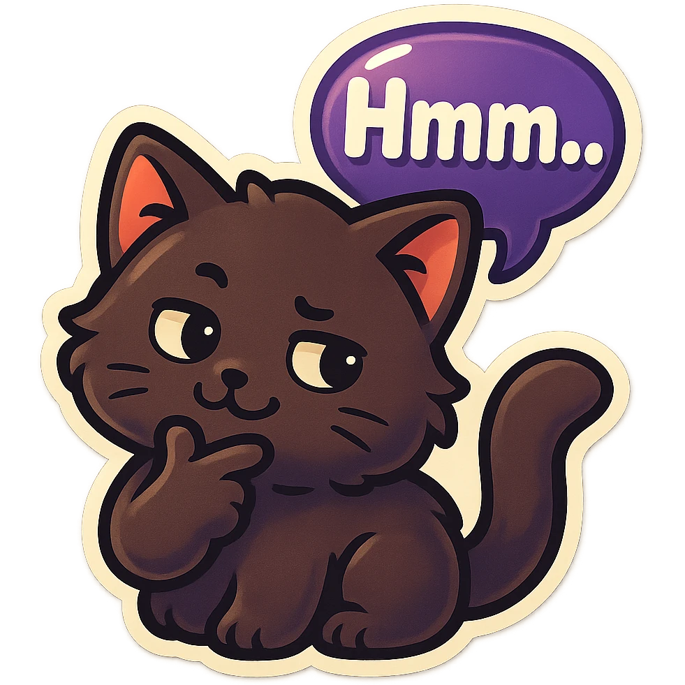 a dark-brown fluffy cute kawaii anime cat thinking smirking thoughtfully, saying “Hmm..” with a purple speech bubble emoji