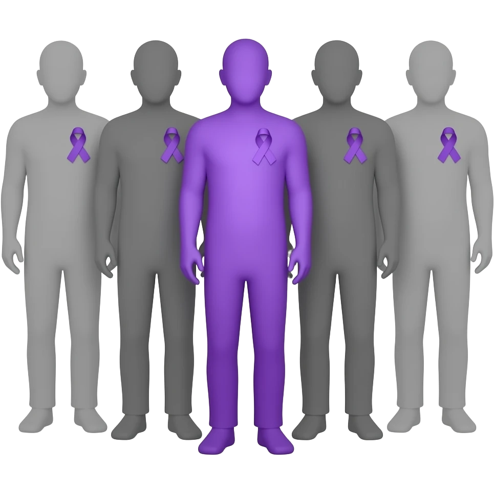 iOS-style emoji: group of human silhouettes taking a photo, each wearing a small purple ribbon for fibromyalgia awareness, with one silhouette fully purple standing out, soft gradients, cute and minimal, transparent background emoji