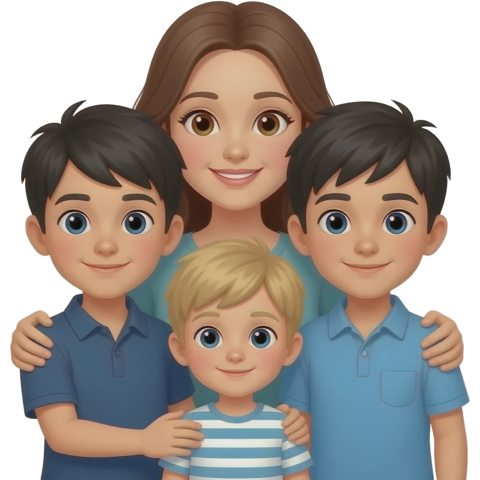 Mum with brown hair  hugging 3 sons 2 with black hair one taller than other and 1 with blonde hair smaller then rest emoji