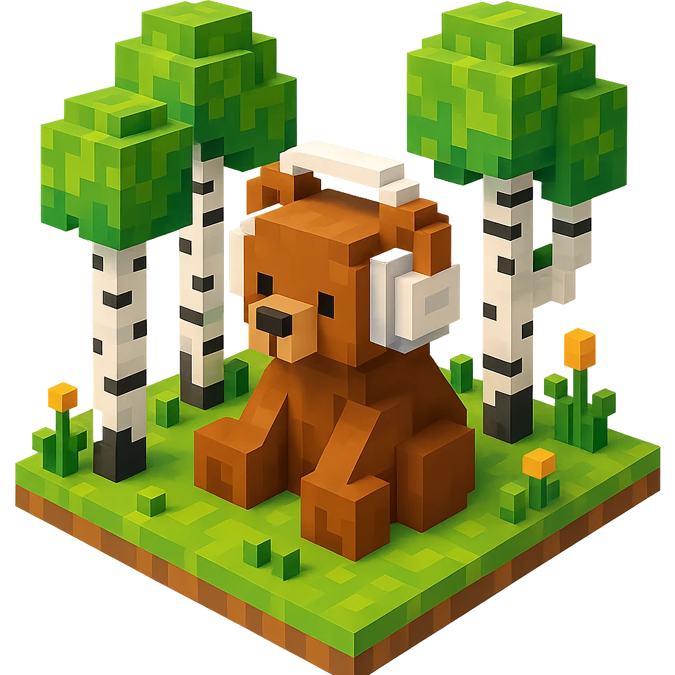 березовый лес, в котором сидит бурый медвежонок в белых наушниках (наушники должны закрывать уши медведя), no background  emoji