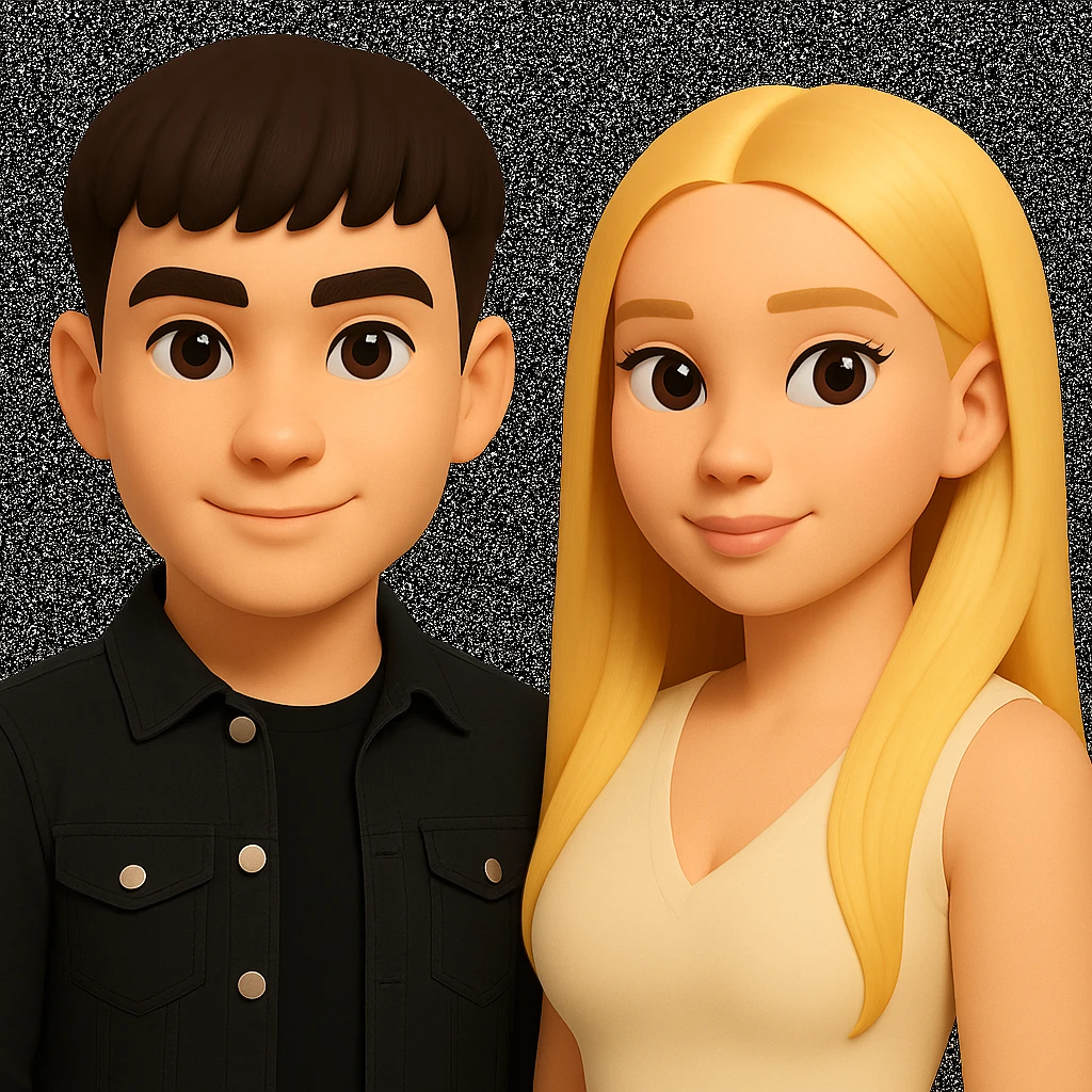 Slightly increase the volume of the upper body of the girl, separate the girl and the boy from each other, and make the skin color the same for both characters. Maintain the cartoonish 3D style in the editing. emoji