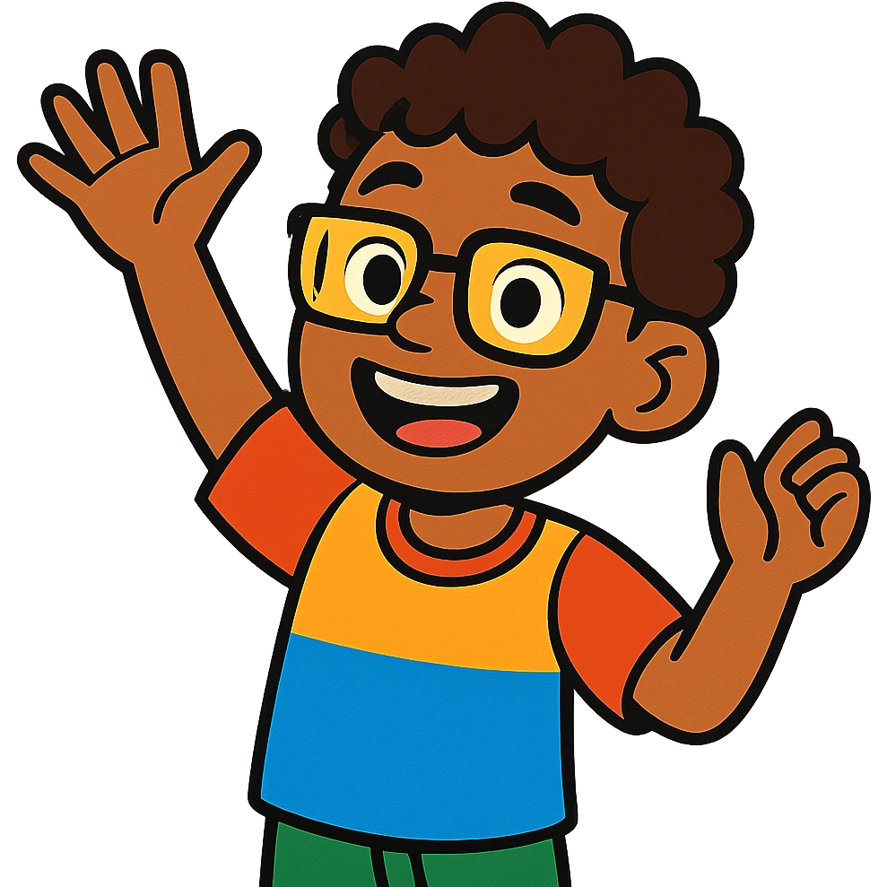 11 year old mixed-race boy, yellow and black glasses, curly hair, colorful cartoon style, joyful expression emoji