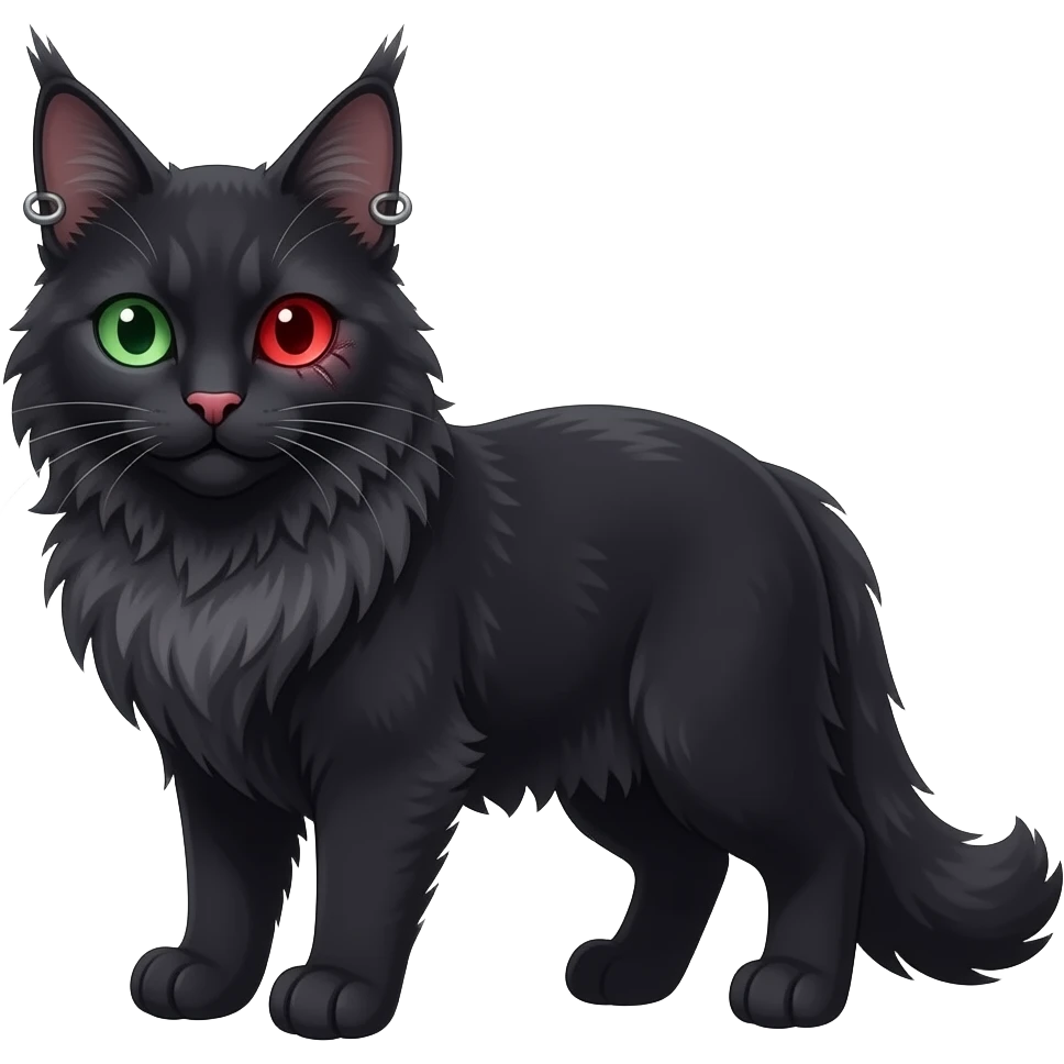 black mainecoon cat with one green eye and one red eye with scar over it and a pink nose and piercings on ears emoji