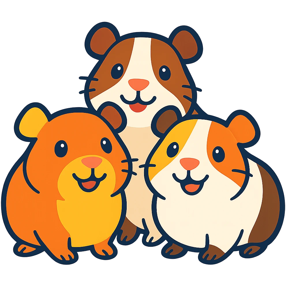 three happy and cute guinea pigs in a group, colorful and friendly illustration style, white background emoji
