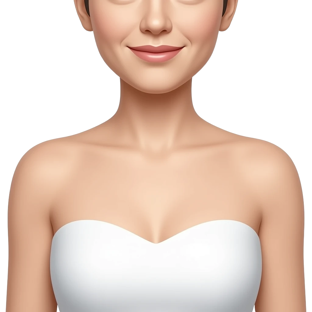 Studio portrait of a woman showing the lower half of her face (smile visible), neck, shoulders, and collarbone area, smooth glowing skin, even skin tone, wearing a strapless white top, soft diffused lighting emoji