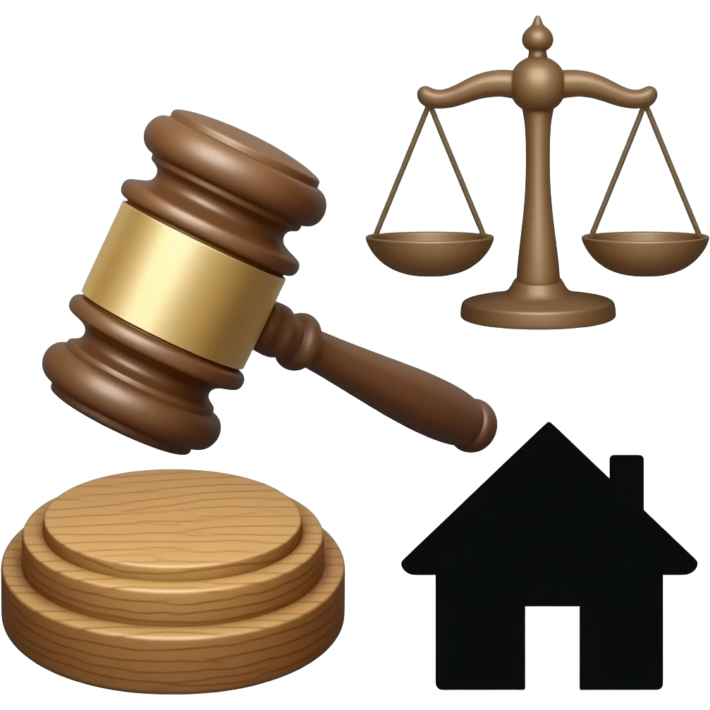An icon featuring a gavel, scales of justice, and house stuff, symbolizing law. emoji