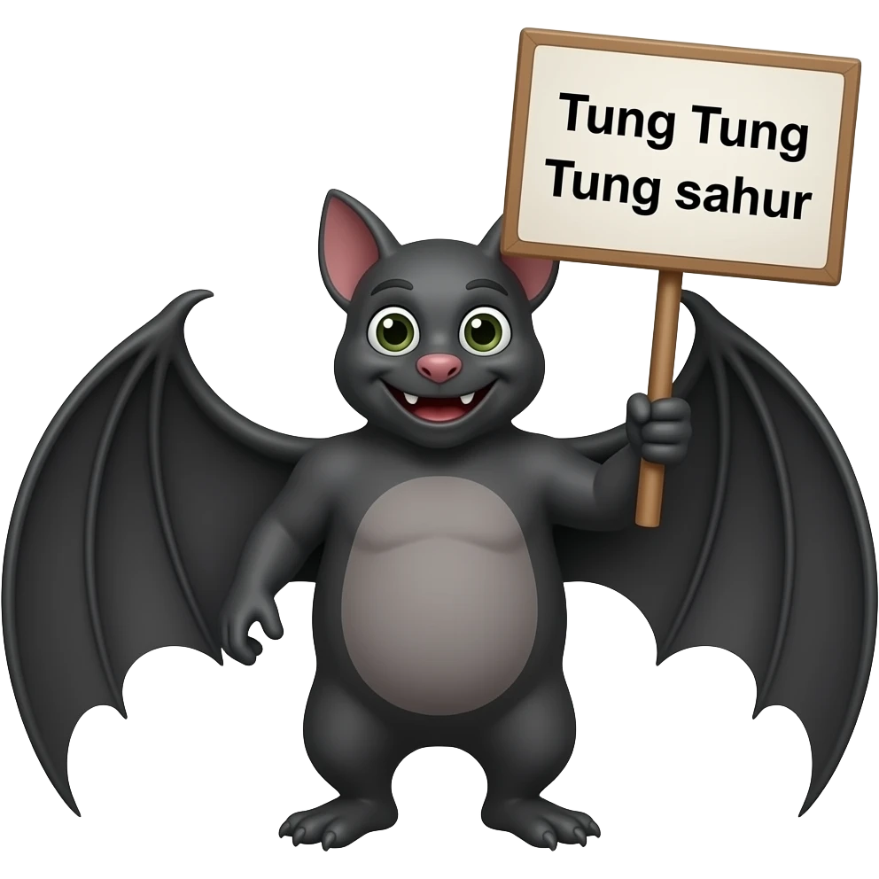 Woden bat holding a sign that says “Tung Tung Tung sahur” emoji