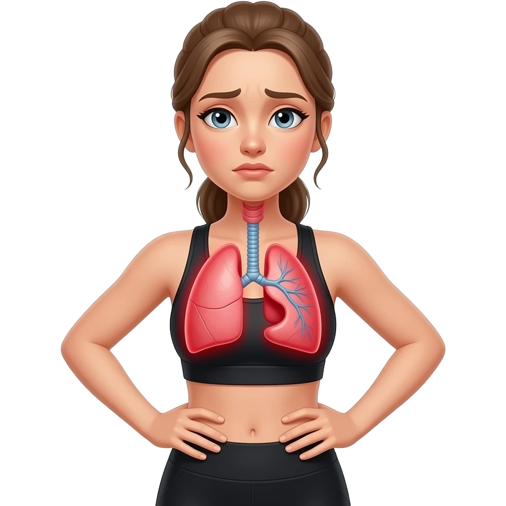breathing discomfort, red glow on left and right lung area, woman with hands on ribs, fair-skinned woman, gray-blue eyes, ash brown brows, ash light brown hair tied back, slim athletic body, black workout set emoji