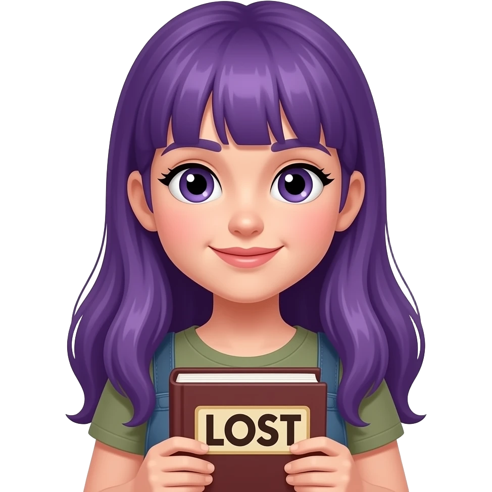 girl with long purple hair with a LOST in a BOOK... please do not ISTURB sign emoji