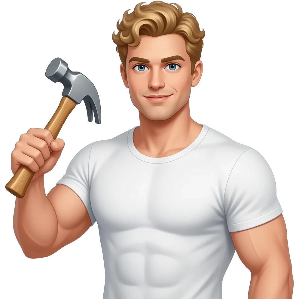 Muscle man with curly blonde hair big boobs holding hammer emoji
