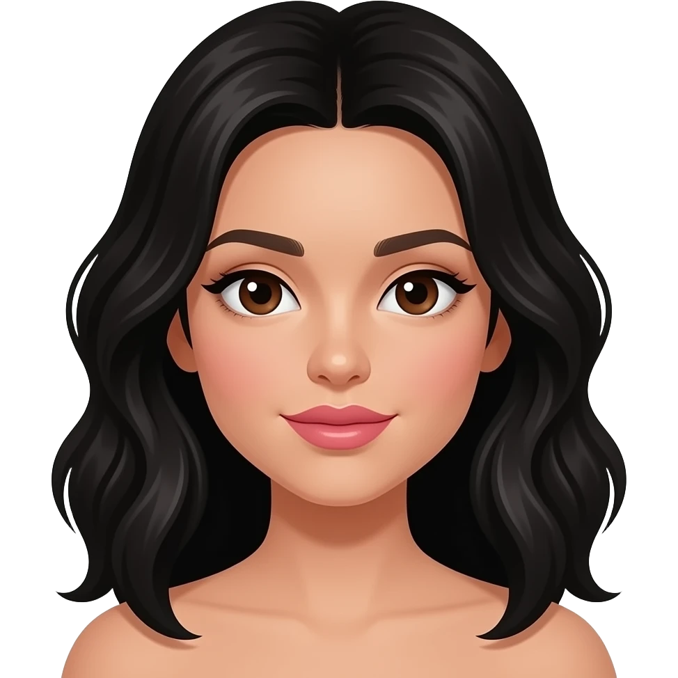 Pretty girl with really light brown skin with black wavy hair,her lips are nude pink and her eyes and dark brown emoji