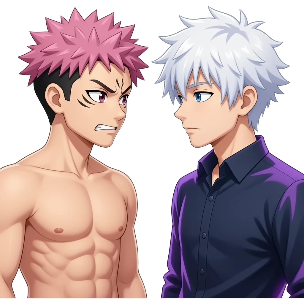 Sukuna versus Gojo sukuna no shirt abs pink hair Gojo white hair blue eyes doing a hollow purple om sukuna sukuna is a boy emoji