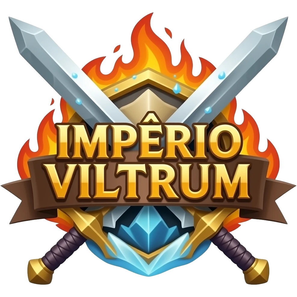 logo para guilda de rpg escrito IMPÉRIO VILTRUM com espadas de magia, ao redor da logo com fogo e gelo emoji