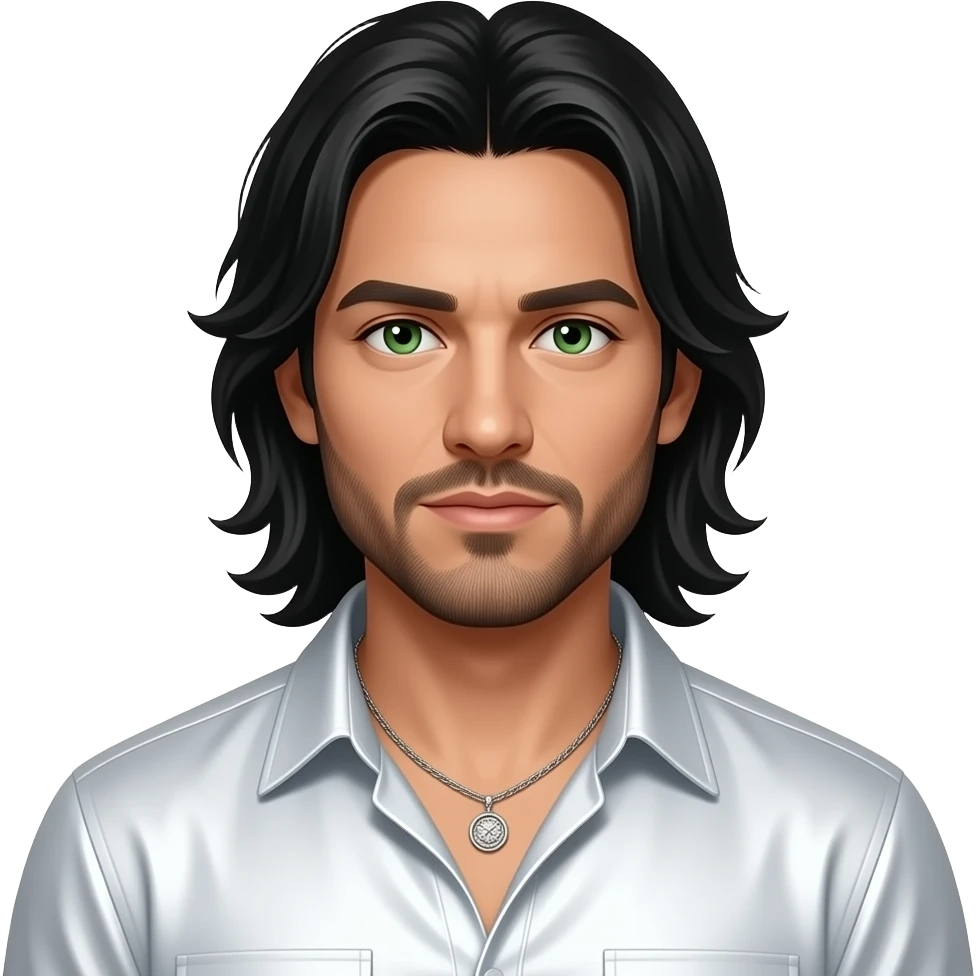 Kevin Richardson with green eyes, long black hair, white metallic shirt, silver necklace emoji
