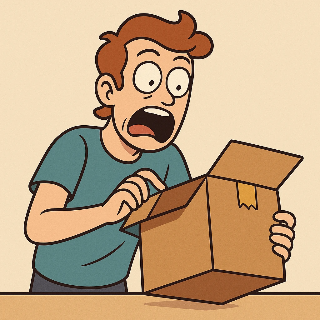 cartoon style shocked person opening a package, wide open eyes, colorful, dynamic pose emoji