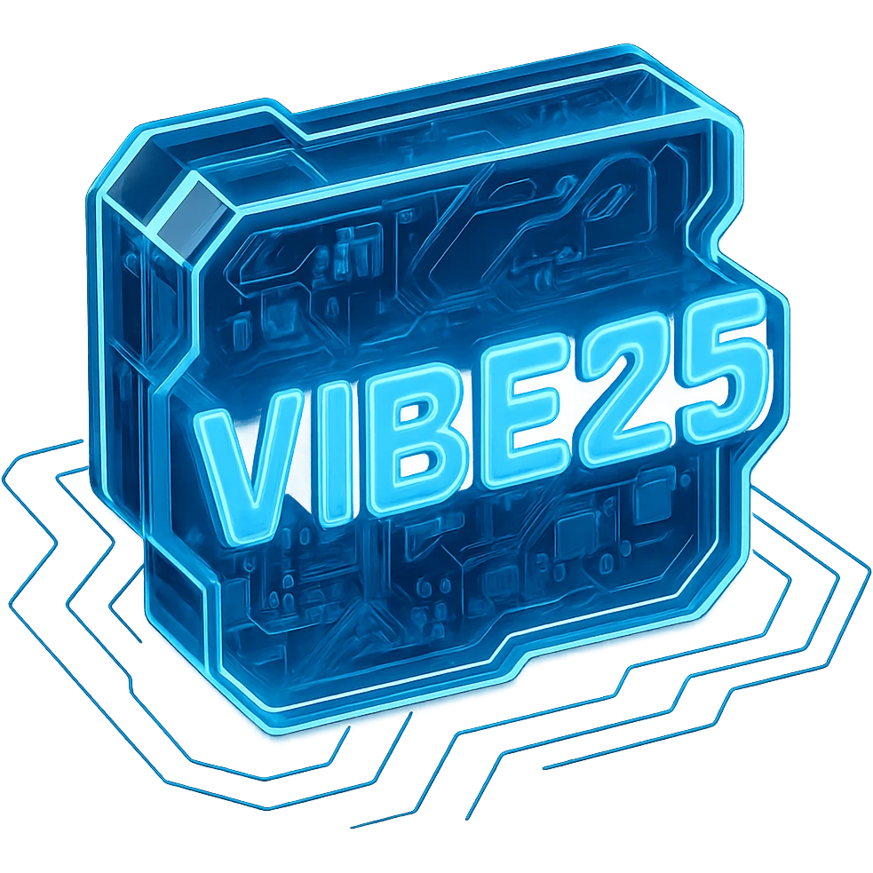 Keep the Tron-inspired neon blue outline and circuit background with strong glow and black background. Make the VIBE25 font much easier to read at small sizes by using a thicker, simpler, more geometric font with increased spacing and high legibility, maintaining the strong glow effect and black background. emoji