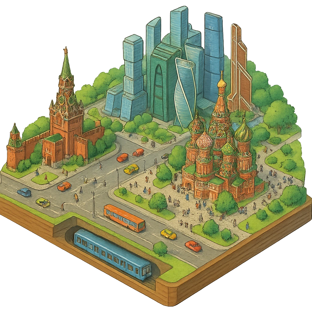 Изометричная миниатюрная 3D модель Москвы на подставке - фотореалистичный Кремль, собор Василия Блаженного, фотореалистичный Башни Москва-Сити, аккуратная детализация, яркие цвета, мультяшный реализм, гуляют люди и современный автотранспорт и метро, компактная композиция, вид сверху в изометрии, прозрачный фон emoji