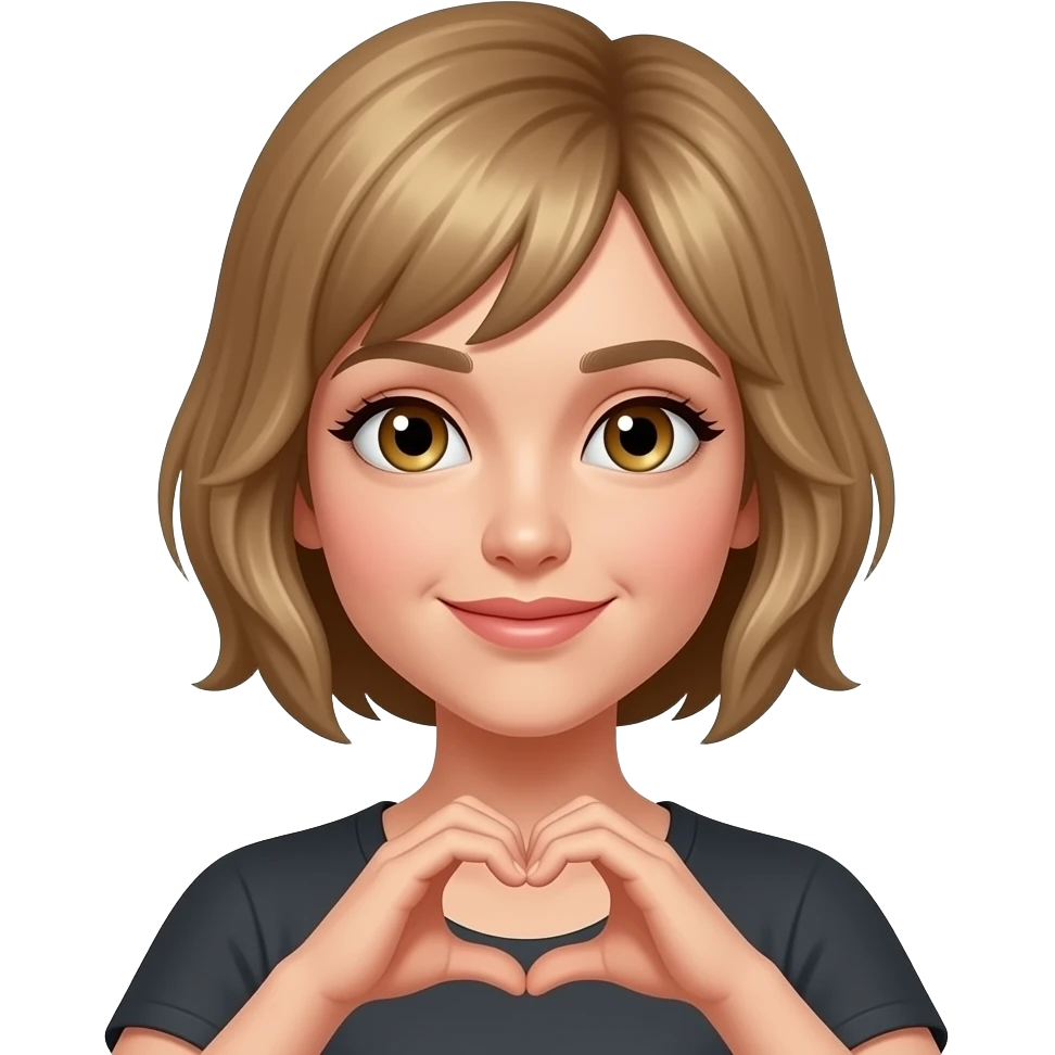 Diva with short brown blonde hair. Hazel eyes. Making heart symbol with her hands emoji