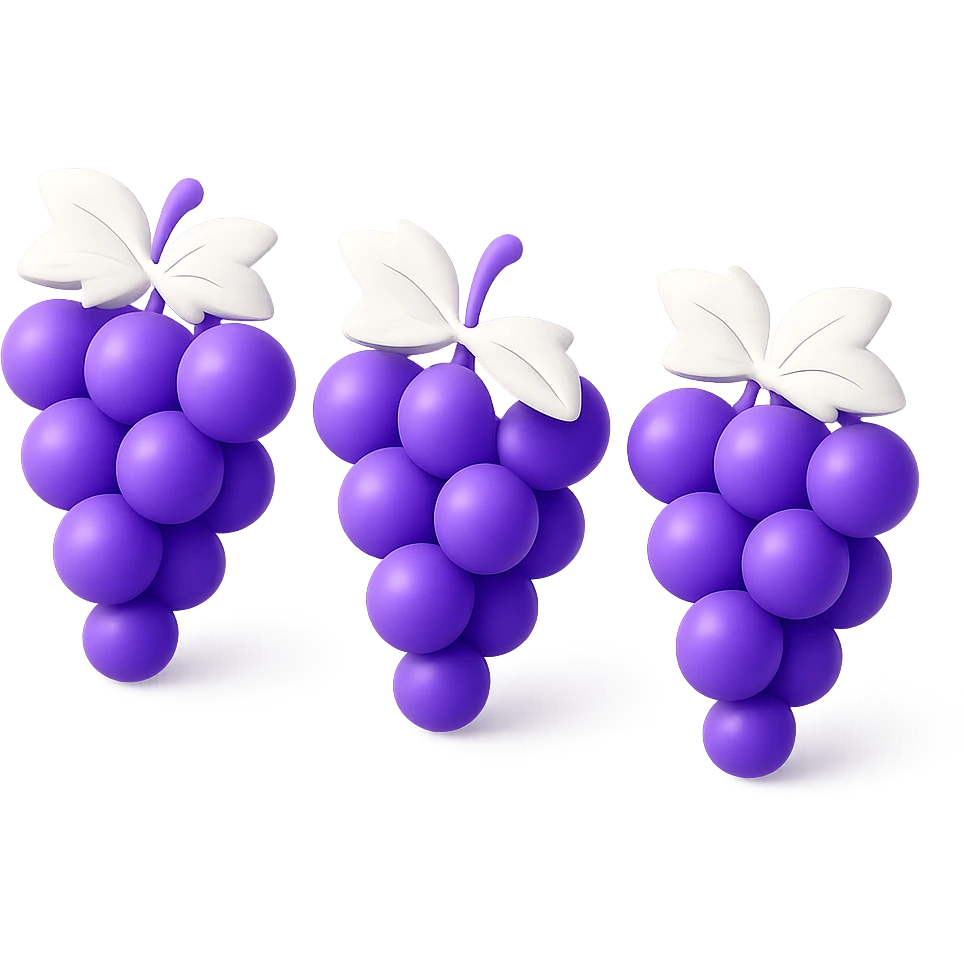 Three bunches of grapes in a row in 3D emoji style with deep purple, green, and light purple colors. Each bunch has grape leaves attached. The grapes are natural and realistic without purple outlines on the grape skins. Background is transparent as requested. emoji