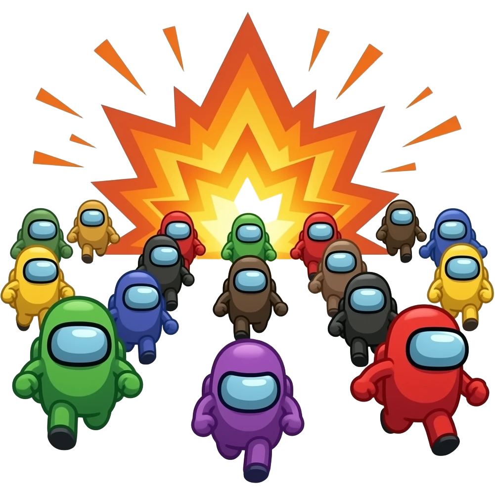 Among us com 100 jogadores correndo de uma explosão emoji