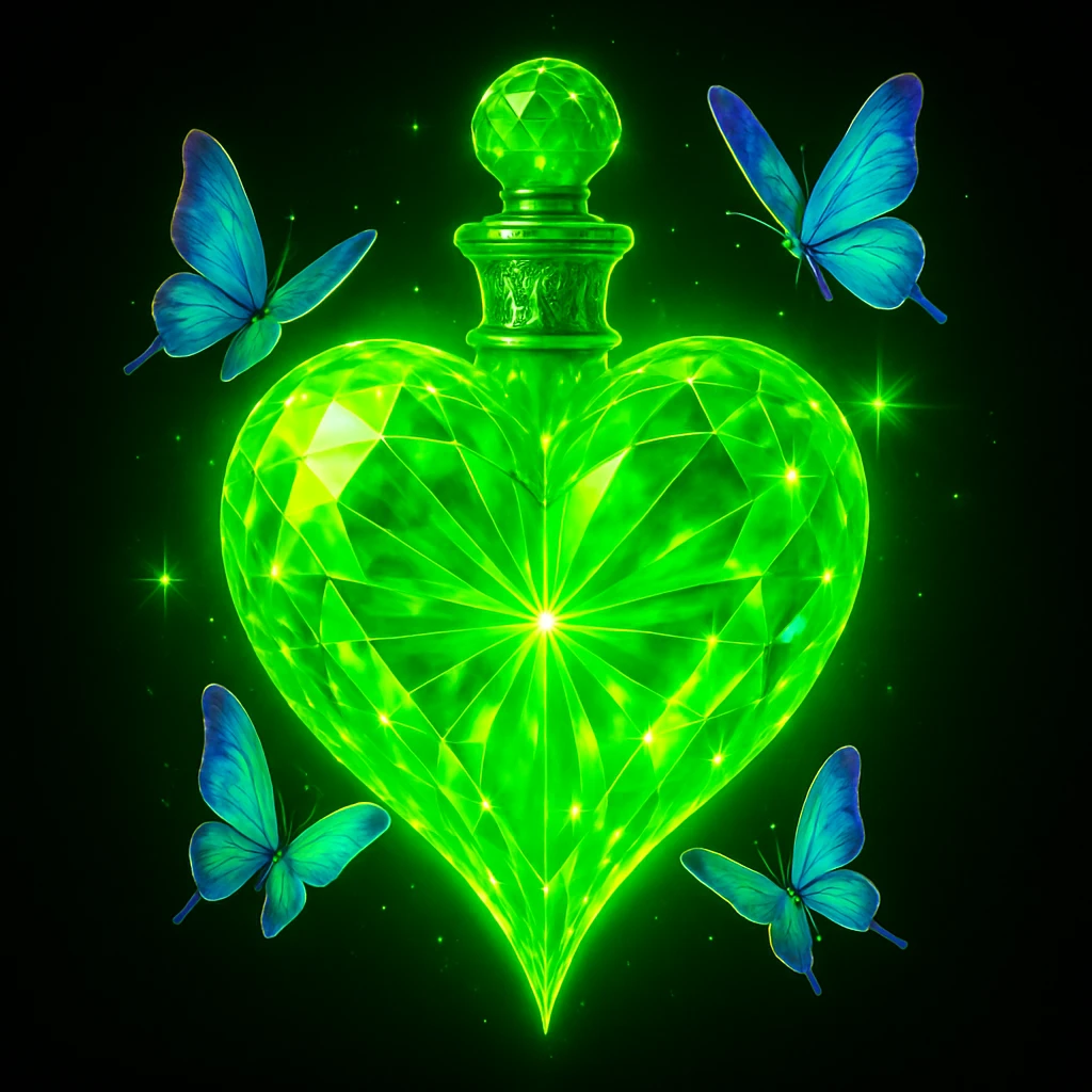 Transform the heart-shaped bottle into a vibrant neon green (salotine) color with lots of glowing and sparkling effects. Keep the crystal texture and butterflies intact, but make the overall look very flashy and full of effects, emphasizing brightness and sparkle in a vivid neon green style. emoji