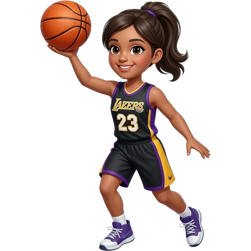 A girl playing basketball with black and then purple and yellow jersey that says a2zoe emoji