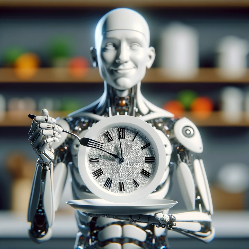 corpo umano anatomico, che tiene in mano un piatto bianco con la lancette di un orologio sopra, figura visibile fino ai fianchi, espressione del volto soddisfatta, sullo sfondo la sua cucina sfocata, iperrealistico 4k emoji