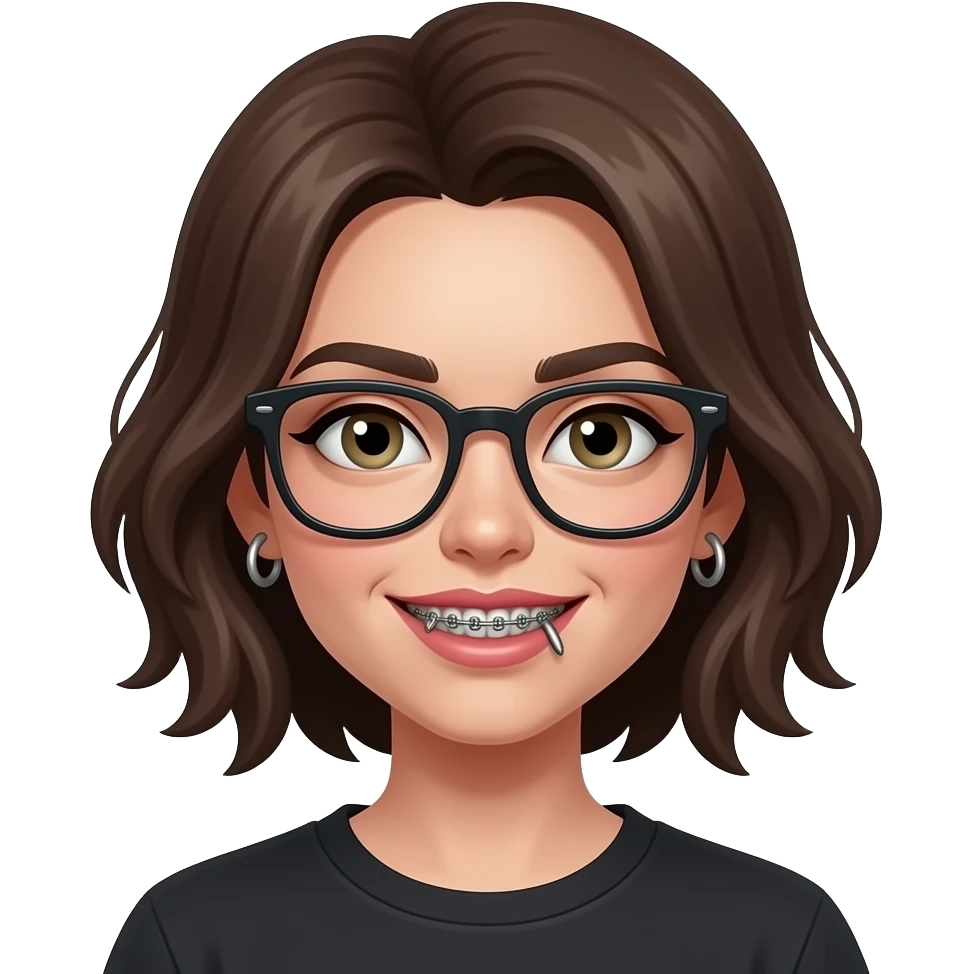 Swagie zombie girl, with a piercing in the eyebrow, and two in the cheekbones, with short and wavy hair and braces and nerd glasses emoji