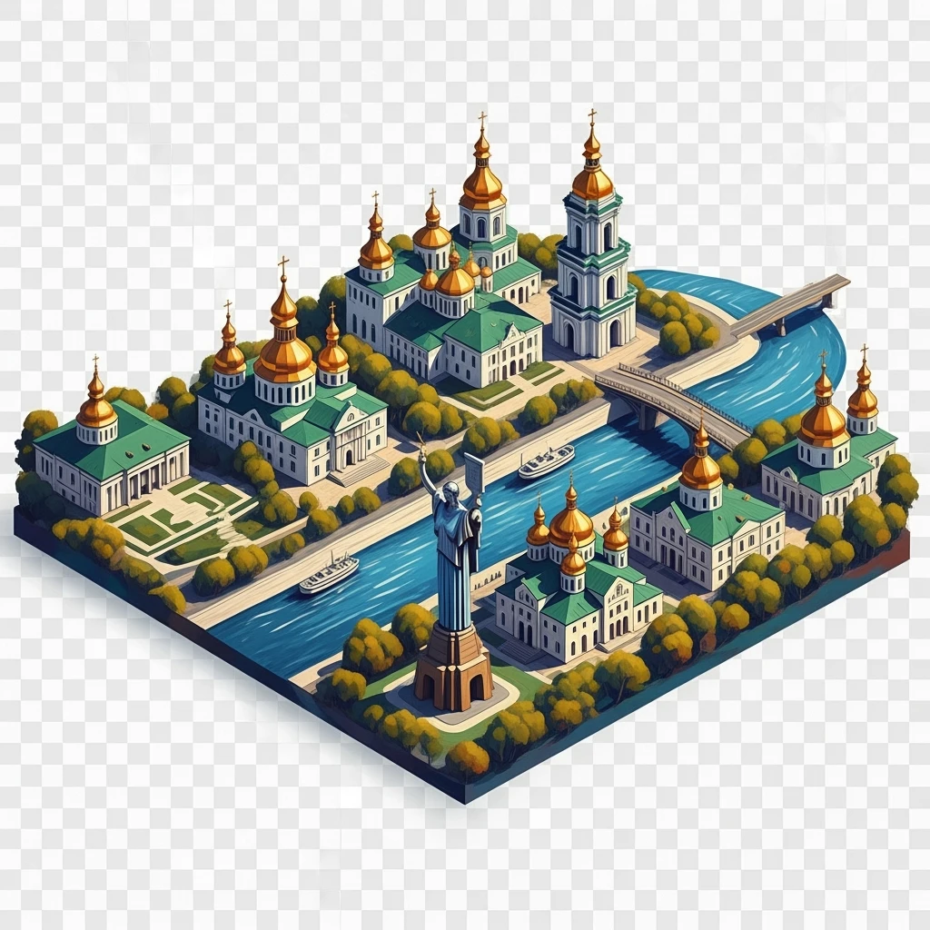Isometric illustration of photorealistic Kyiv, balanced between paint stylized and realistic, 3D miniature effect, transparent background. emoji