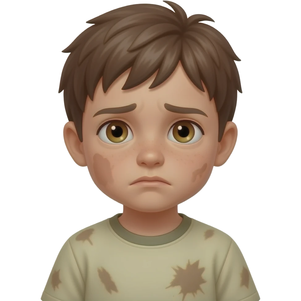 un chico con los ojos hazules i el pelo castaño. Tiene 5 años i esta cansado . tiene la ropa manchada emoji