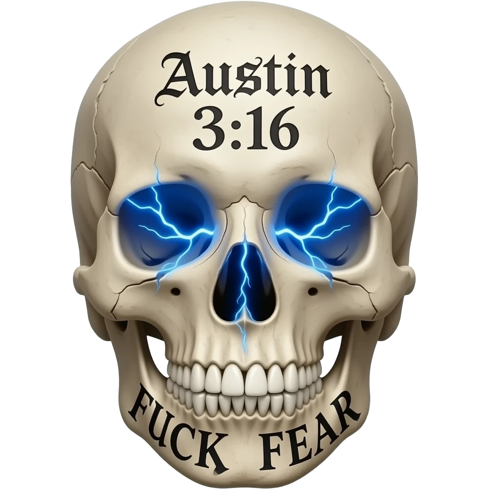 human skull, partially missing pieces equally all over, FUCK FEAR carved on jaw, same gothic font, slightly open, teeth slightly chipped, Austin 3:16 carved in forehead, eye & nose cavity with blue electricity glow, words in a BLACK GOTHIC FONT, entire skull is aged, sun dried, weathered emoji