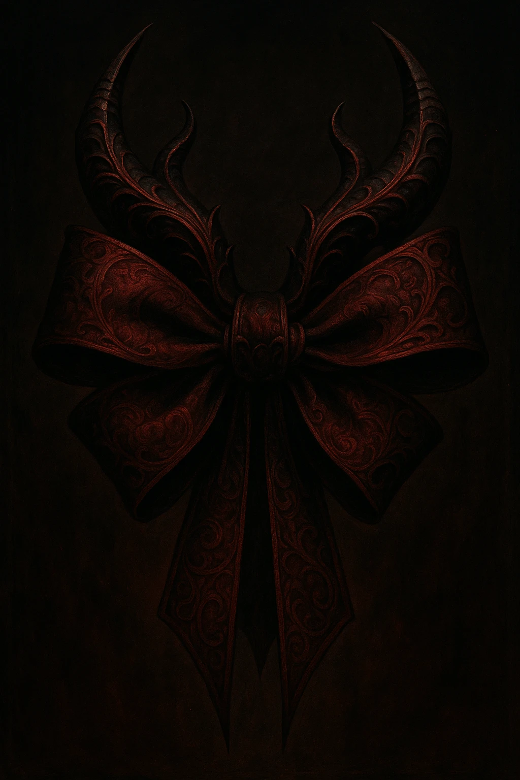 devil bow, gothic style, dark red and black, ornate horns, dramatic shadows, elegant and sinister emoji