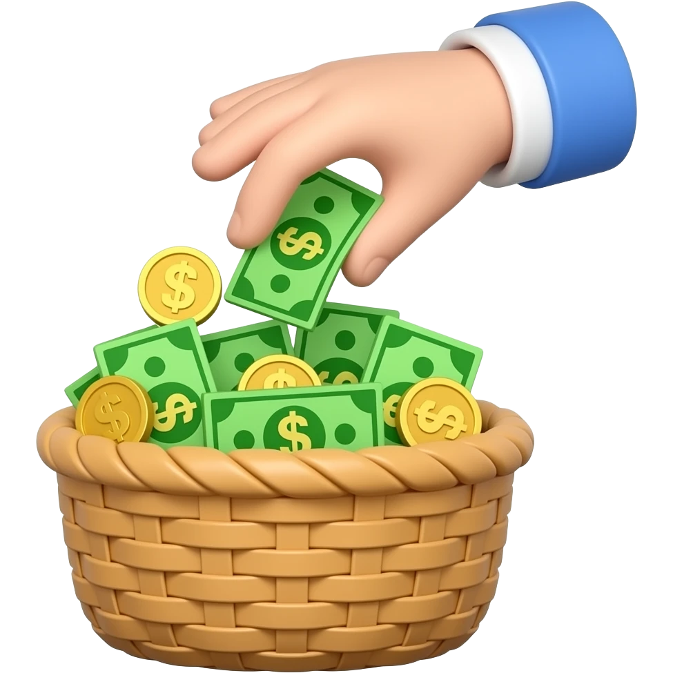 3D emoji, hand throwing cash into a basket full of money, metallic silver textures, vibrant colors, isolated, high resolution. emoji